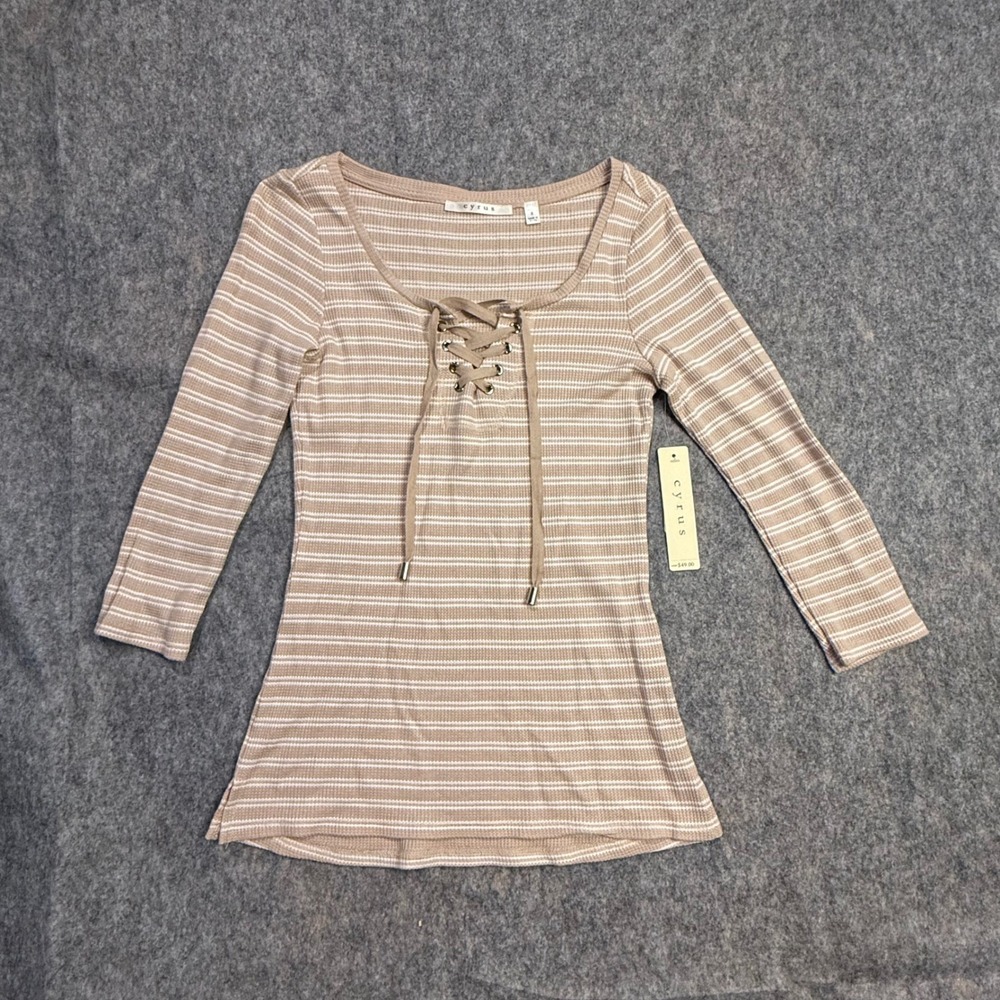 CYRUS Womens Tan White Stripe Lace Up Ribbed Long Sleeve Top Size S